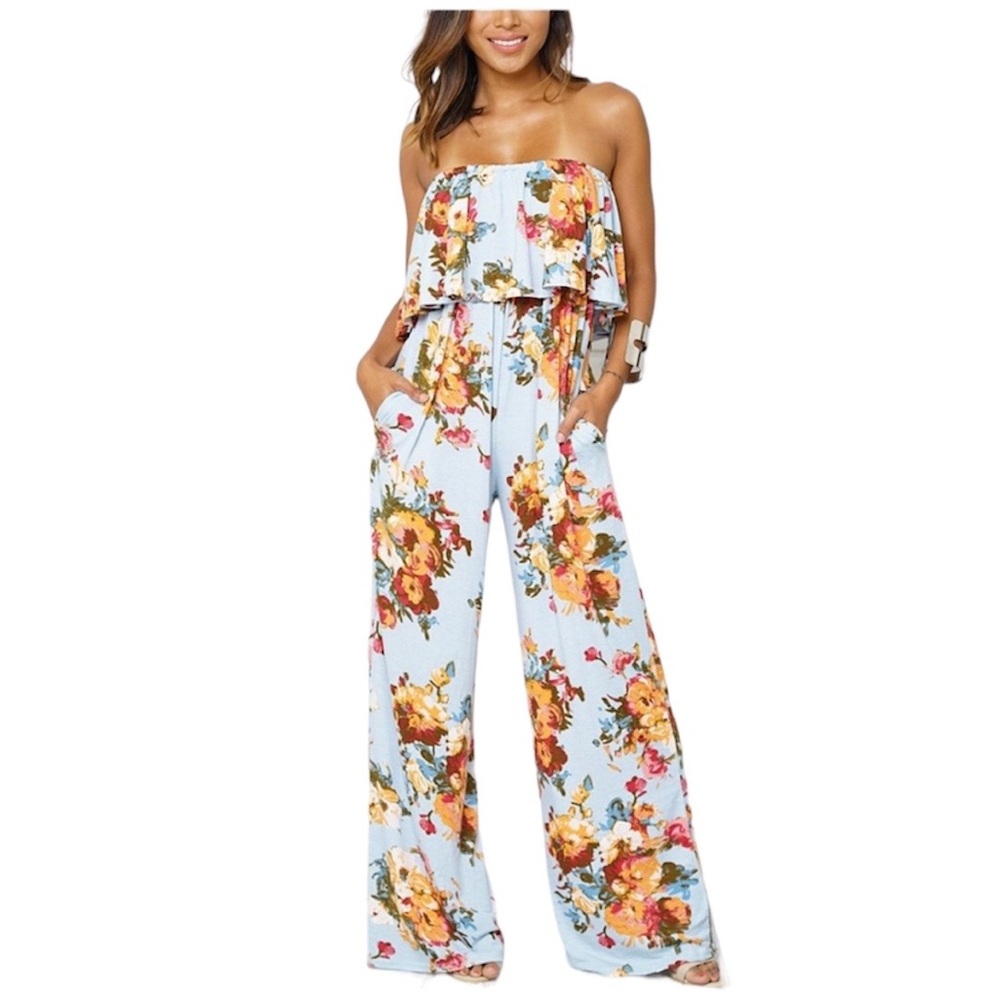 God Shield - Blue Floral Strapless Romper - Size XL